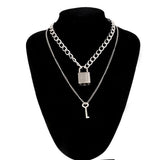 Double layer Lock Chain necklace punk 90s link chain silver color padlock pendant necklace women fashion gothic  jewelry - webtekdev