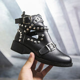 2019 Buckle Ankle Boots For Women Leather Fashion Rivet Low Heel Shoes Female Motorcycle Boots Ladies Studded Martin Boot #N - webtekdev