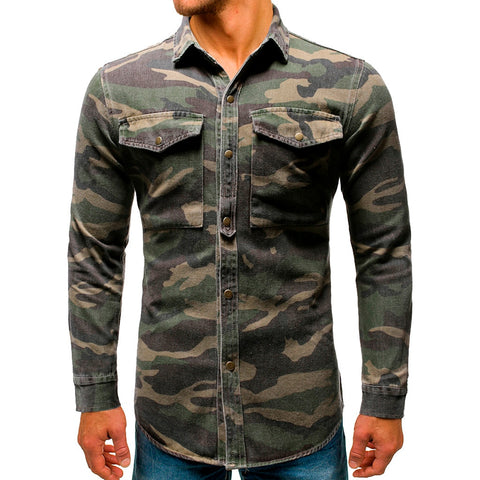 Men Shirt Camouflage Button Up Denim Cargo Pocket Turn Down Collar Top Blouse Camisa vaquera plus size hawaiian 3XL streetwear - webtekdev