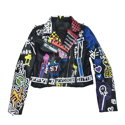 Rivet beading Pu Leather Jacket Women Graffiti Colorful Print Biker Jackets and Coats PUNK Streetwear jacket - webtekdev