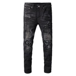 Sokotoo Men's black bandanna paisley printed patchwork biker jeans Slim skinny pleated stretch denim ripped pants - webtekdev