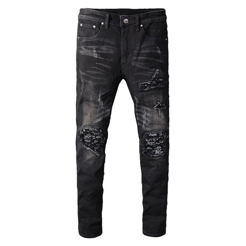 Sokotoo Men's black bandanna paisley printed patchwork biker jeans Slim skinny pleated stretch denim ripped pants - webtekdev