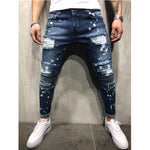 2020 Hot Men's Painted Skinny Slim Fit Straight Ripped Distressed Pleated Knee Patch Denim Pants Stretch Pleated Snowflake jeans - webtekdev