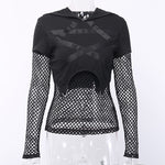 Women Fashion Streetwear Tshirt Punk Gothic Style Top T-shirts Hollow Out Hooded Long Sleeve Sexy Goth Tops Shirt Clothes - webtekdev