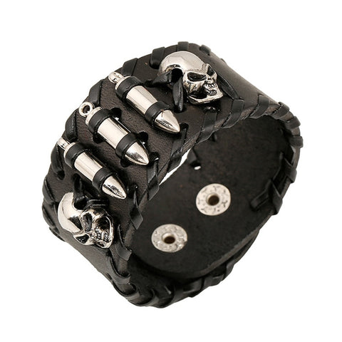 Women Men Genuine Leather Bracelets Punk Rock Style Skull Bullet Charm Wide Cuff Bangle Bracelet Wristband Vintage Jewelry Gifts (Black) - webtekdev