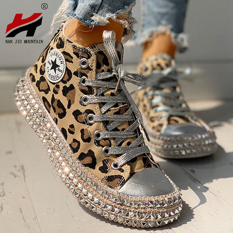 Woman Spring Leopard print Canvas Fashion Sneakers Rhinestone sequin flat Wild women's shoes  Youth casual shoes Plus Size - webtekdev