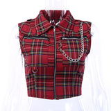 2020 New Red Plaid Chains Zippers Vest Women Sleeveless Lapel Gothic Punk Short Top Vintage Casual Vests Chalecos Para Mujer - webtekdev