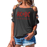 ACDC Band Rock T-Shirt Women's ACDC Letter Printed Tshirts Hip Hop Rap Music Short Sleeve Sexy Hollow Out Shoulder Tops Tee - webtekdev
