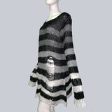 New Gradient gray Striped Thin Women Long Sweater Dress Unisex Man Hollow Out Cool Hole Jumper Loose Stretch Sweaters 2020 Punk (Gradient gray One Size) - webtekdev