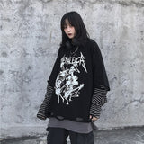 Black Cool Punk Loose Striped Sleeve Splice  Unisex Sweatshirt 2020 Women Man Gothic Letter Music Skull Print Warm Rock Long Top (black One Size) - webtekdev