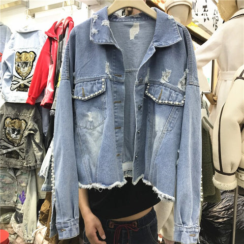 Frayed Denim Short Jacket Women's 2020 Spring New Hand Studded Diamond Loose Casual Style Jean Jacket Top Elastic Waist Coat - webtekdev