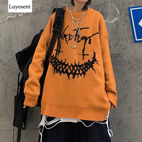 Halloween Punk Unisex Long Sweater 2020 Women Man Cartoon Pumpkin Smile Letter Cool Oversize Plus size Autumn Winten Knit Jumper - webtekdev