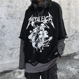 Black Cool Punk Loose Striped Sleeve Splice  Unisex Sweatshirt 2020 Women Man Gothic Letter Music Skull Print Warm Rock Long Top (black One Size) - webtekdev