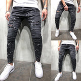 2018 new Men Ripped Dot Printed Skinny Jeans Destroyed Frayed Slim Fit Denim Pant casual men slim hole Zipper balck jeans pants - webtekdev