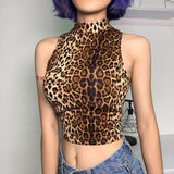 2019 New Leopard Tank Sexy Women High Collar Leopard Camis Clubwear Turtleneck Crop Tops Casual Vest Sleeveless Leotard Shirts - webtekdev