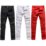 Trendy Men  Fashion College Boys Skinny Runway Straight Zipper Denim Pants Destroyed Ripped Jeans Black White Red Jeans - webtekdev