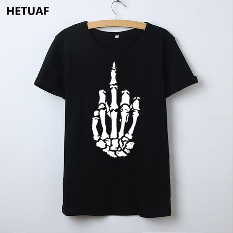 HETUAF Skeleton Gesture Graphic Tees Women Tshirt Skull Cool 2018 Hipster T Shirt Women Tops Punk Rock Funny Camisetas Mujer - webtekdev