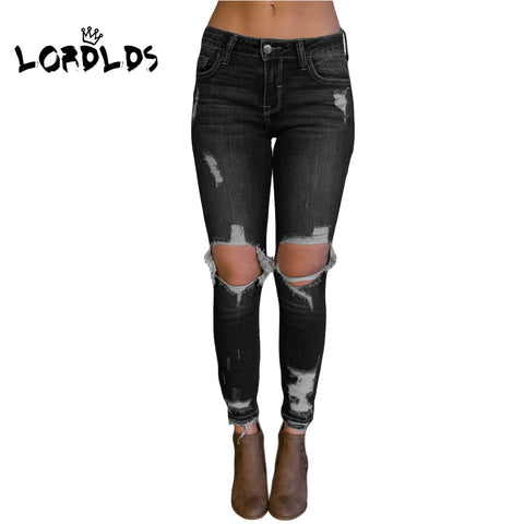 LORDXX Woman Black Jean Ripped Casual Knee Holes Stretch Denim Pants Trousers For Women Pencil Skinny Jeans Full Length - webtekdev