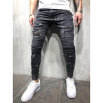 2018 new Men Ripped Dot Printed Skinny Jeans Destroyed Frayed Slim Fit Denim Pant casual men slim hole Zipper balck jeans pants - webtekdev
