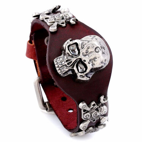 Gothic Punk Vintage Antique Silver Color Skull Rivets Wide Leather Bracelet Alloy Skeleton Charms Fashion Wristbands Belt Bangle - webtekdev