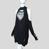 Gothic Cool Hollow Out Long Women Sweaters Black Off Shoulder Lady Punk Jumpers Broken Slit Hole Knit Sexy O-Neck Sweater 2020 (Black One Size) - webtekdev