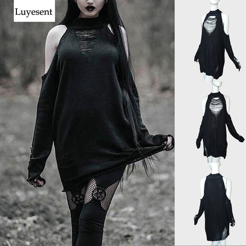 Gothic Cool Hollow Out Long Women Sweaters Black Off Shoulder Lady Punk Jumpers Broken Slit Hole Knit Sexy O-Neck Sweater 2020 (Black One Size) - webtekdev