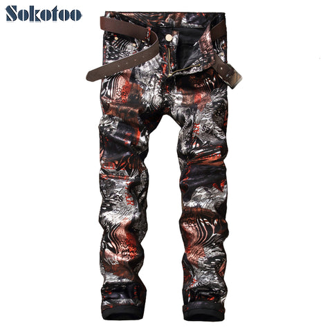 Sokotoo Men's fashion slim 3D print shinny coated pants Casual painted long trousers - webtekdev