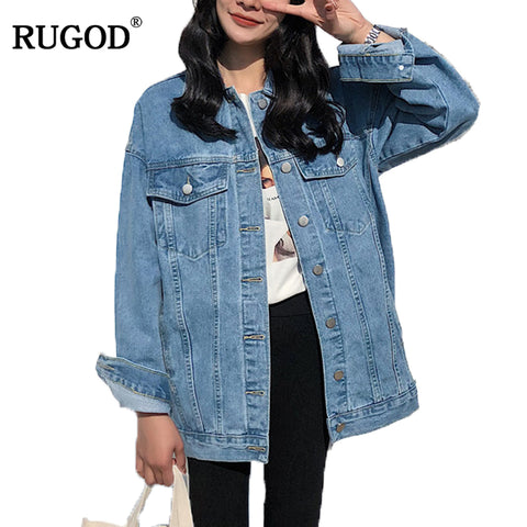 RUGOD Solid Turn-down Collar Jean Jacket for Women Loose Casual Blue Fashionable Women Coats Female outwear Denim Feminine - webtekdev