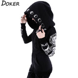 5XL Gothic Punk Women Print Long Sleeve Hoodies Sweatshirts Casual Zipper Jacket Hooded Tops Female Autumn Winter Black Hoodies. - webtekdev