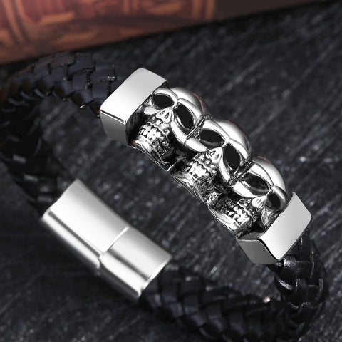 Stainless Steel Leather Bracelets & Bangles Double Black Layers Cowhide Braid Rope Gothic Skull Skeleton Men Jewelry 205mm - webtekdev