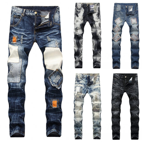 Men's Ripped Biker Jeans Cotton Slim Fit Male Motorcycle Pants Men Vintage Distressed Patchwork Denim Trousers 9 Colors Size 40 - webtekdev