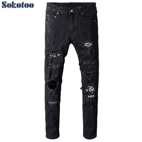 Sokotoo Men's black white patch holes ripped jeans Plus size slim fit skinny distressed stretch denim pants - webtekdev