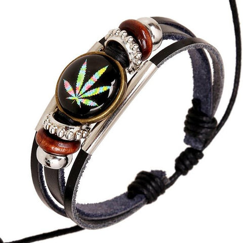 New Trendy Charm ID Bracelet Round Studded Male Leather Cuff Wrap Bracelet Wristband Jewelry Men's Color Maple Leaf Bangle (Adjustable size) - webtekdev