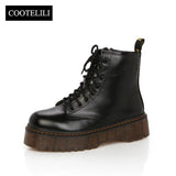 COOTELILI Botas Women Motorcycle Ankle Boots Wedges Female Lace Up Platforms Autumn Winter Leather Oxford Shoes Woman high heels - webtekdev