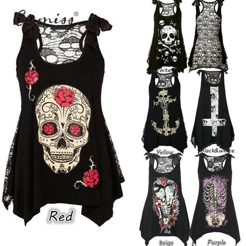 2019 3D Skull Printed Black Top Sleeveless Lace Hollow Out Casual Tops Female Rock Punk Style Skull Print Women Tshirts - webtekdev