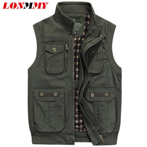 LONMMY 6XL 7XL Sleeveless jacket men vest 100% cotton Military style vests for men streetwear Outerwear army green Khaki New - webtekdev