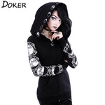 5XL Gothic Punk Women Print Long Sleeve Hoodies Sweatshirts Casual Zipper Jacket Hooded Tops Female Autumn Winter Black Hoodies. - webtekdev