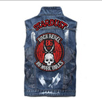 Mens Skull Print Denim Waistcoats Embroidery Patchwork Turn Down Collar Jeans Vests Slim Fit Sleeveless Jacket Jeans Vest J2907 - webtekdev