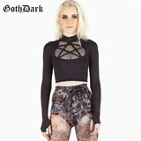 Goth Dark Punk Grunge Gothic T-shrits Harajuku Pentagram Mesh Long Sleeve Autumn 2019 Hollow Out Patchwork Tshirt Navel Vintage - webtekdev