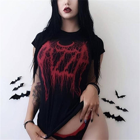 Gothic Dark Black Skinny Grunge Print T-shirt Goth Harajuku Fashion Street Summer 2019 Women Tshirts O-neck Aesthetic T Shirt - webtekdev