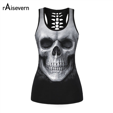 Raisevern 3D Skull Print Black Tops Sleeveless Hollow Out O Neck Tank Vest Female Bodybuilding Fitness Sporting Shirts Dropship - webtekdev