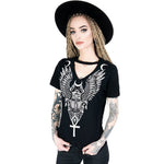 Women Tshirt Gothic Feather Wing Moon Print Black Streetwear T Shirt Cool Punk Stylish Tee Shirts Summer Casual Goth Tops Tees - webtekdev