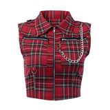 Rosetic Gothic Chic Sexy Club Punk Black Plaid  Women Tops Vest Slim Lapel Zipper Chain Plaid Female Goth Retro Hip Hop Shirt - webtekdev