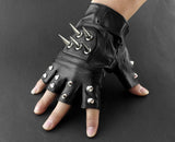 Mens Leather Spike stud Punk Rocker Driving Motorcycle Biker Fingerless Gloves - webtekdev