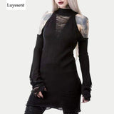 Black Gothic Long Sweaters Women Punk Hollow Out Off Shoulder Thin Hole Pullover Jumpers Cool Broken Knit Sexy Sweater Slit Top (Black One Size) - webtekdev
