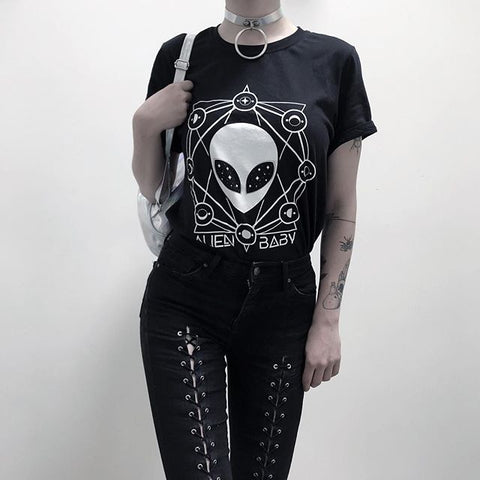 fashion alien baby Women unisex goth graphic vampire Gothic Grunge art T-Shirt cotton alien Aesthetic Witchcraft Tee shirt top - webtekdev