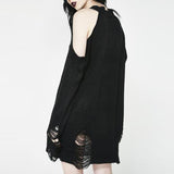 Gothic Cool Hollow Out Long Women Sweaters Black Off Shoulder Lady Punk Jumpers Broken Slit Hole Knit Sexy O-Neck Sweater 2020 (Black One Size) - webtekdev