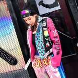 2019 Women Leather Jacket Street Fashion Rivets Leopard Letters Graffiti Colorful Eyes Print Motorcycle PU Leather Jacket Y8362 - webtekdev