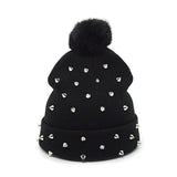 Women Girls Rivet Winter Pompom Beanies Hip Hop Punk Ball Knitted Hat Warm Bonnet Street Spikes Winter Wool Skullies Female Cap - webtekdev