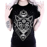 Star Punk Cat Print T-Shirt Fashion Women Galaxy Short Sleeve Cat Print Black Loose Punk Gothic Tops Casual T-Shirt Femme #570 - webtekdev